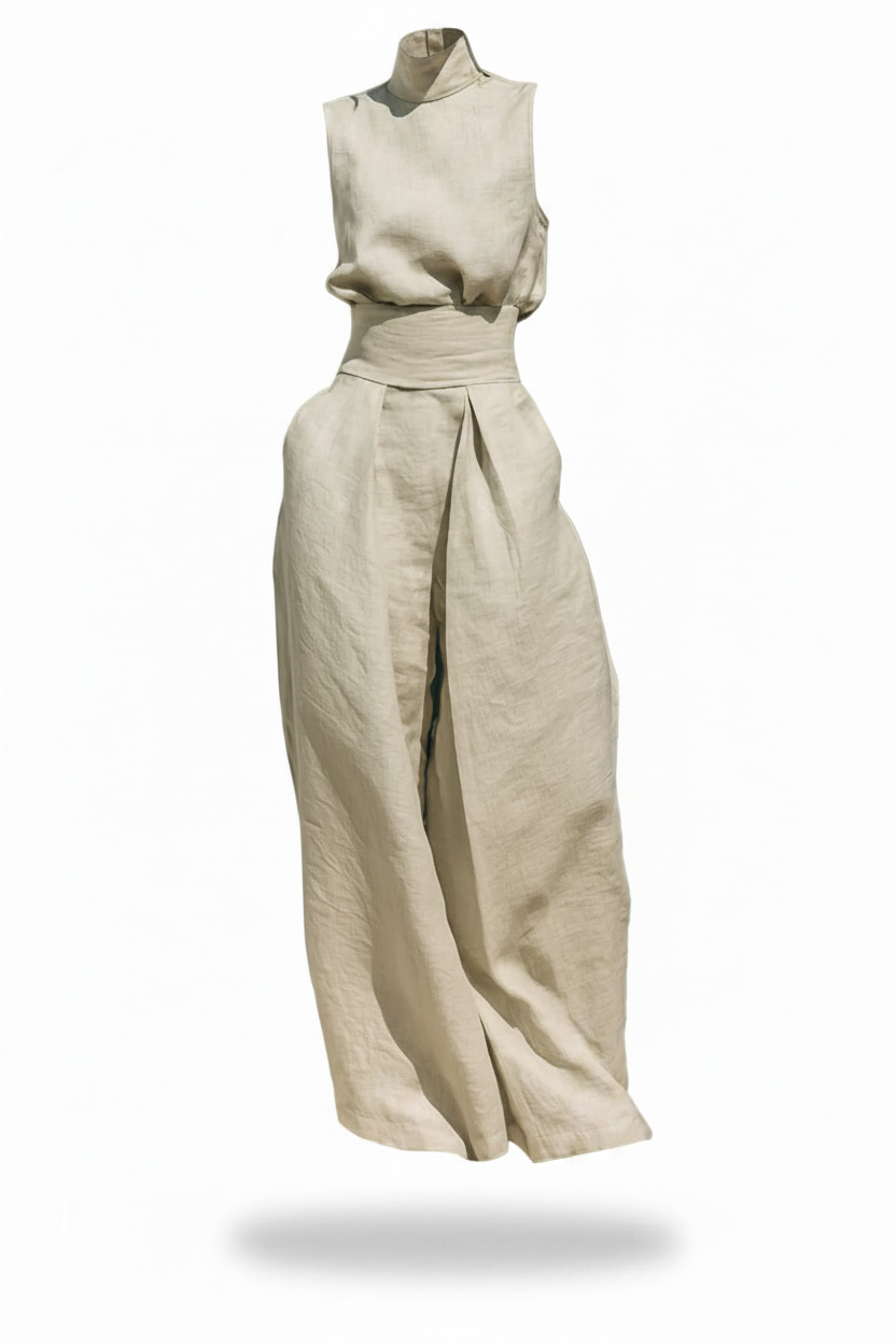 Marcella | Conjunto coordinado: blusa sin mangas y pantalones de pierna ancha en mezcla de algodón y lino