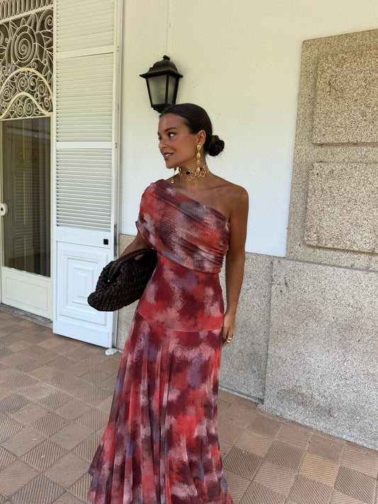 LARA- Vestido largo de acuarela con hombros descubiertos