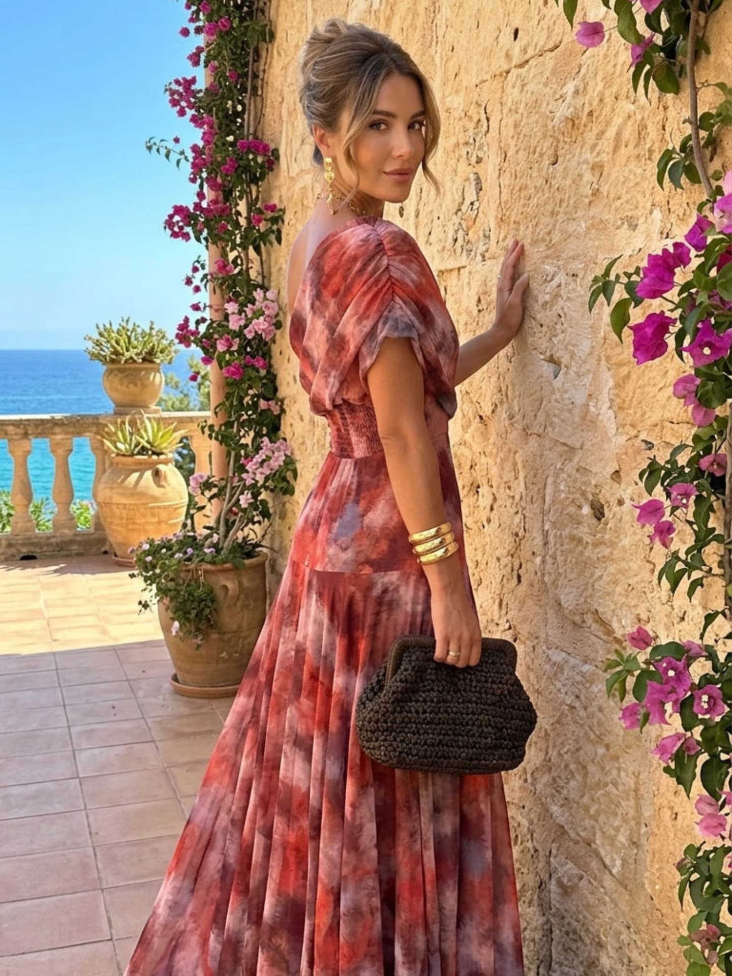 LARA- Vestido largo de acuarela con hombros descubiertos