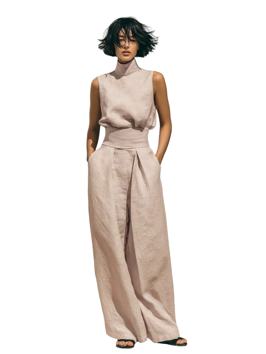 Marcella | Conjunto coordinado: blusa sin mangas y pantalones de pierna ancha en mezcla de algodón y lino
