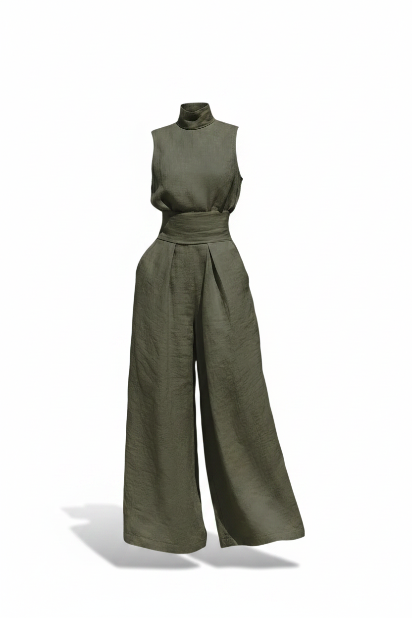 Marcella | Conjunto coordinado: blusa sin mangas y pantalones de pierna ancha en mezcla de algodón y lino