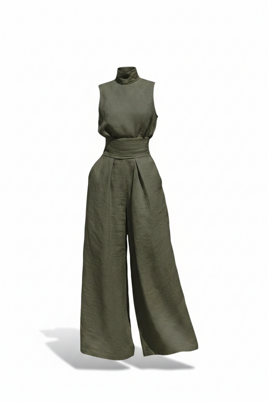 Marcella | Conjunto coordinado: blusa sin mangas y pantalones de pierna ancha en mezcla de algodón y lino